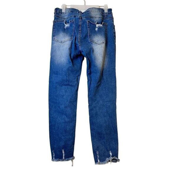 H&M High Rise Raw Cut Frayed Hem Distressed Ankle Denim Jeans Medium Wash Large - Picture 2 of 3